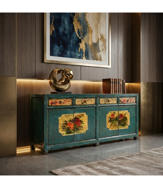 Antique Chinese Sideboard Teal Handpainted Peonies W185xD40xH85cm