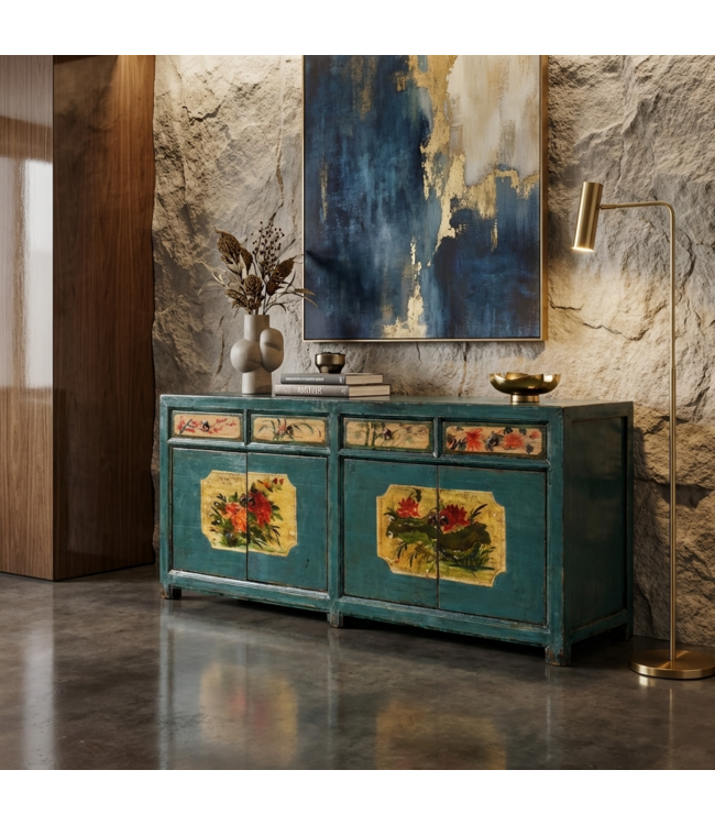 Antique Chinese Sideboard Teal Handpainted Peonies W185xD40xH85cm