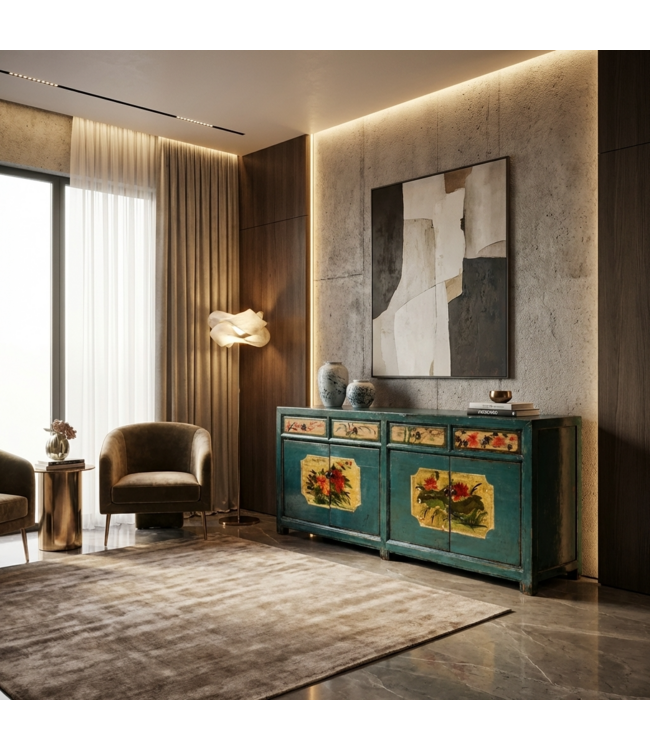 Credenza Cinese Antica Verde Acqua Dipinta a Mano con Peonie L185xP40xA85cm