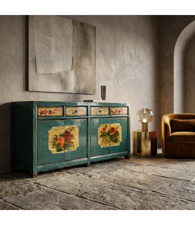 Antikes Chinesisches Sideboard Blaugrün Pfingstrosen Handbemalt B185xT40xH85cm