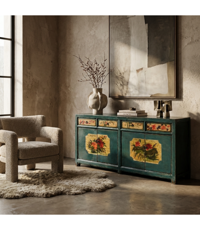 Antieke Chinese Dressoir Teal Pioenrozen Handgeschilderd B185xD40xH85cm