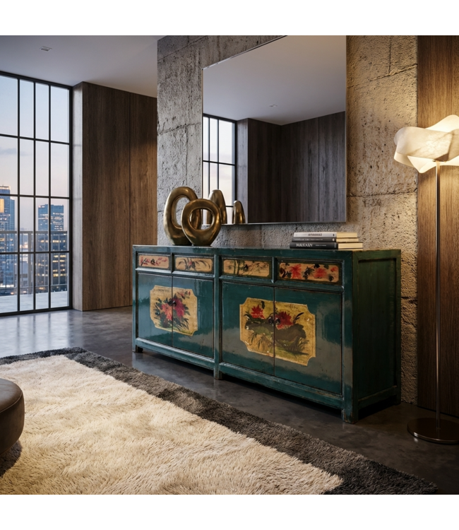 Credenza Cinese Antica Verde Acqua Dipinta a Mano con Peonie L185xP40xA85cm