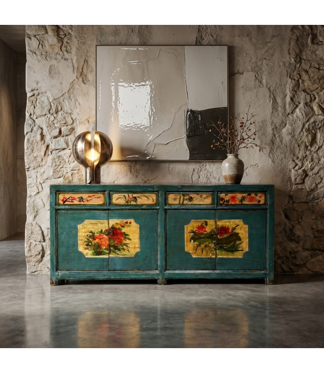 Antique Chinese Sideboard Teal Handpainted Peonies W185xD40xH85cm