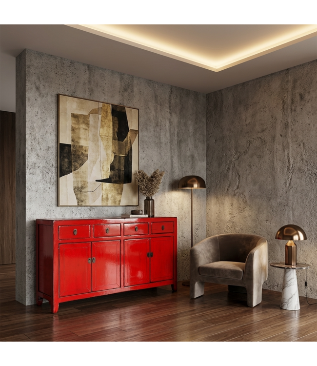 Buffet Chinois Ancien Rouge Haute Brillance L152xP40xH88cm