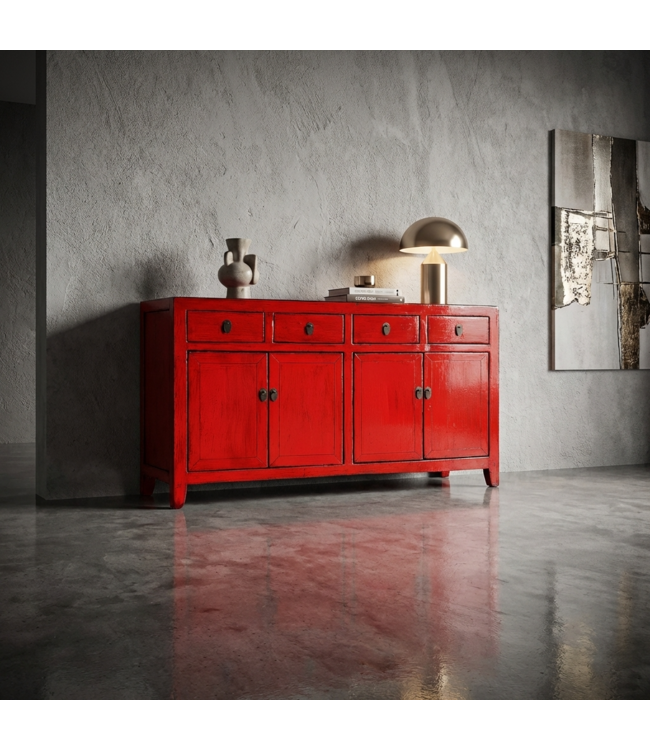 Buffet Chinois Ancien Rouge Haute Brillance L152xP40xH88cm