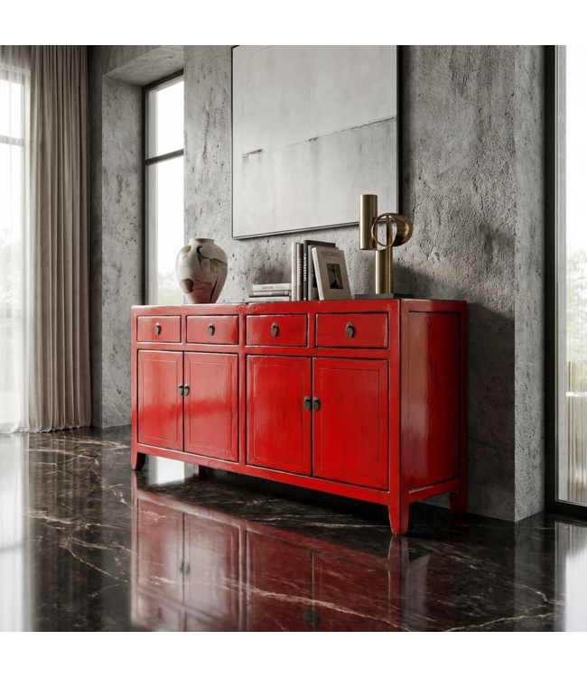 Antiek Chinees Dressoir Rood High Gloss B152xD40xH88cm