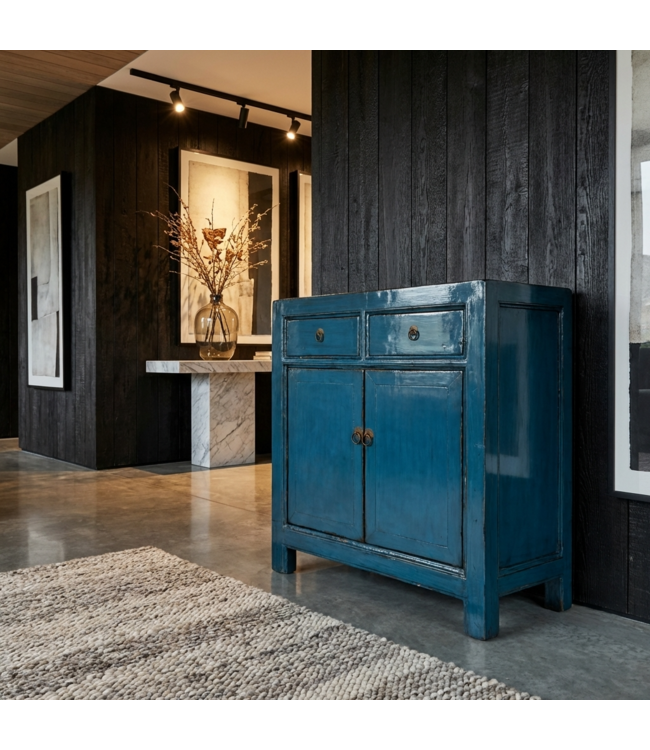 Antiker Chinesischer Schrank Tiefblau Hochglanz B83xT39xH90cm