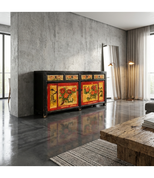Credenza Cinese Antica Nera Rossa Dipinta a Mano con Peonie L167xP40xA87cm
