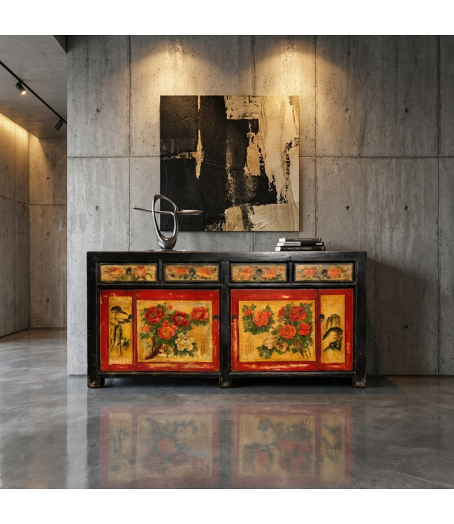 Antieke Chinese Dressoir Zwart Rood Pioenrozen Handgeschilderd B167xD40xH87cm