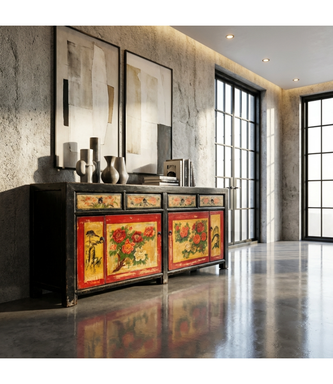 Antikes Chinesisches Sideboard Schwarz Rot Pfingstrosen Handbemalt B167xT40xH87cm