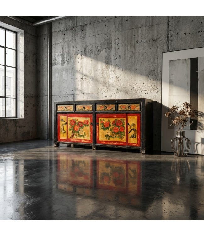 Antieke Chinese Dressoir Zwart Rood Pioenrozen Handgeschilderd B167xD40xH87cm