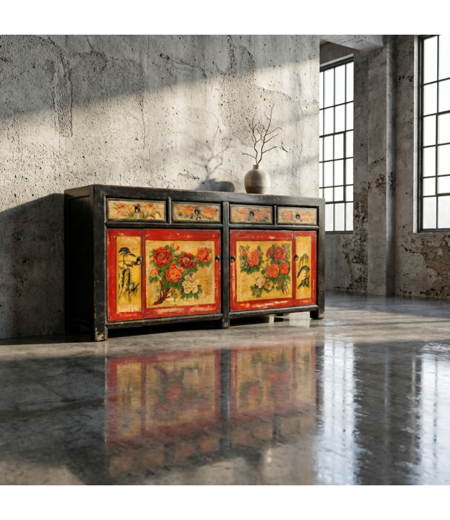 Credenza Cinese Antica Nera Rossa Dipinta a Mano con Peonie L167xP40xA87cm