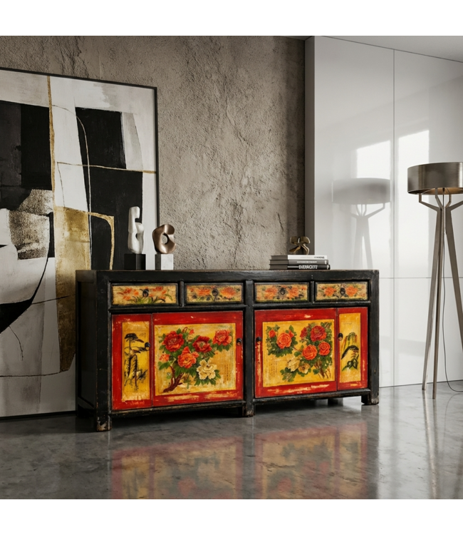 Buffet Chinois Ancien Noir Rouge Pivoines Peintes à la Main L167xP40xH87cm