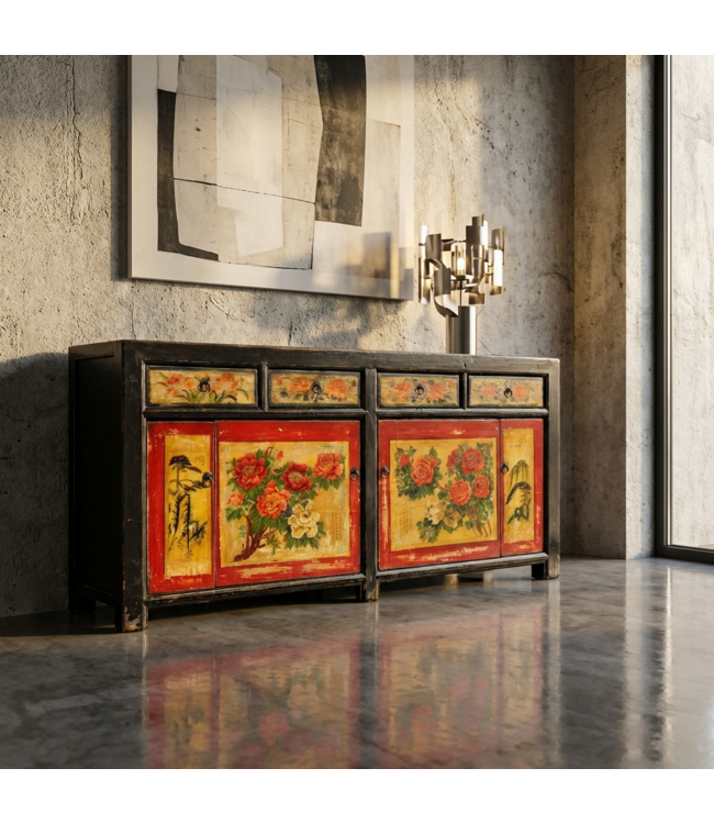 Antikes Chinesisches Sideboard Schwarz Rot Pfingstrosen Handbemalt B167xT40xH87cm