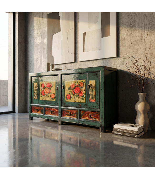 Antique Chinese Sideboard Handpainted Peonies W171xD40xH87cm