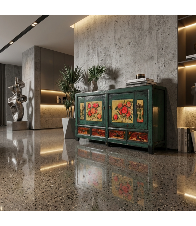 Credenza Cinese Antica Peonie Dipinta a Mano L171xP40xA87cm