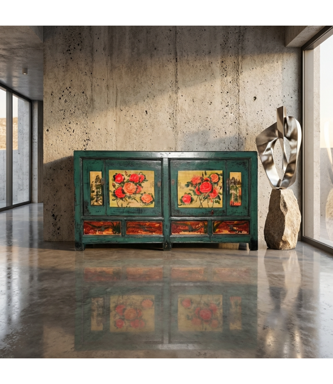 Credenza Cinese Antica Peonie Dipinta a Mano L171xP40xA87cm