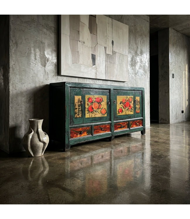 Antique Chinese Sideboard Handpainted Peonies W171xD40xH87cm