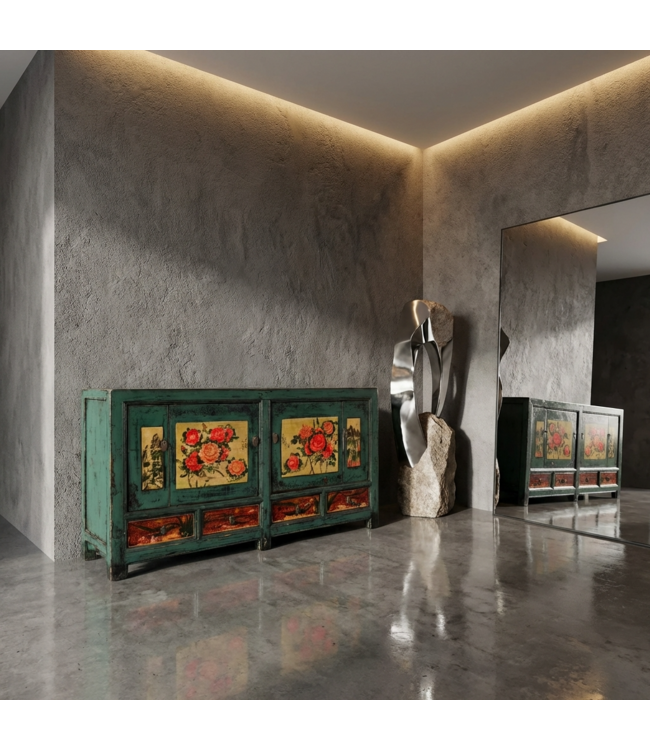 Credenza Cinese Antica Peonie Dipinta a Mano L171xP40xA87cm