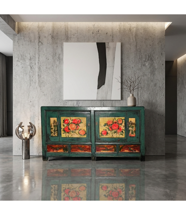 Credenza Cinese Antica Peonie Dipinta a Mano L171xP40xA87cm
