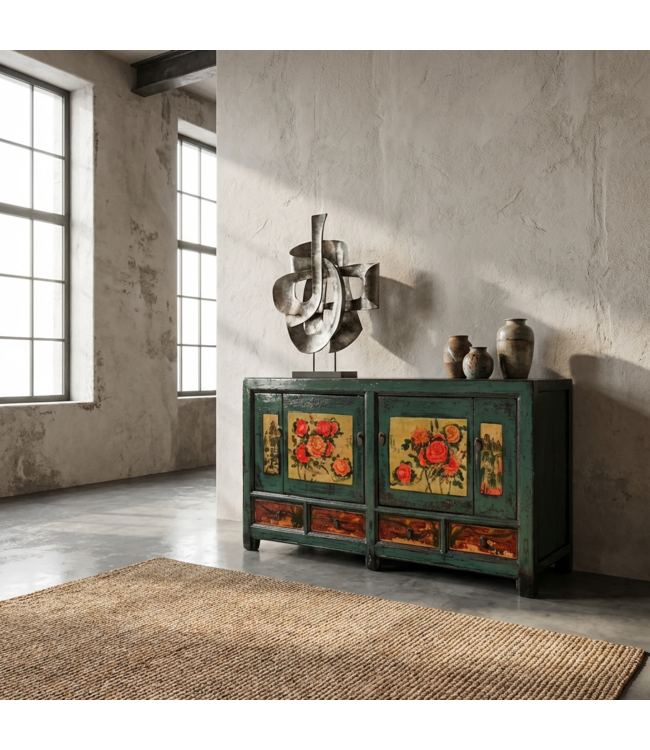 Antique Chinese Sideboard Handpainted Peonies W171xD40xH87cm