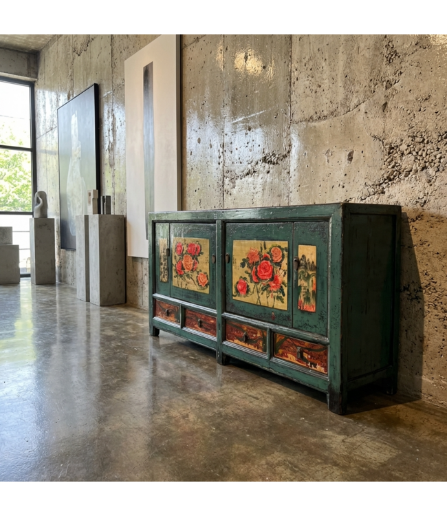 Buffet Chinois Ancien Pivoines Peintes à la Main L171xP40xH87cm
