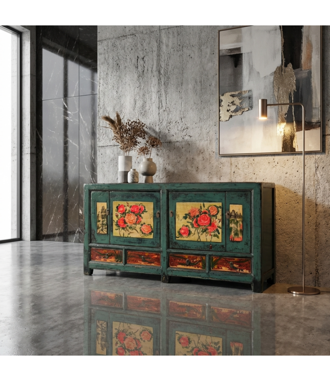Buffet Chinois Ancien Pivoines Peintes à la Main L171xP40xH87cm