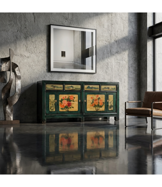 Credenza Cinese Antica Peonie Verde Acqua Dipinta a Mano L176xP45xA85cm