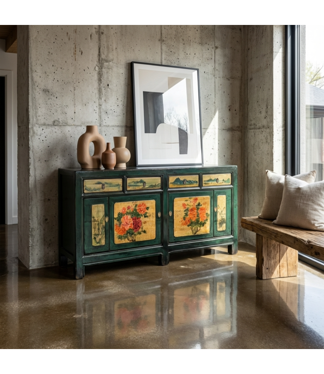 Credenza Cinese Antica Peonie Verde Acqua Dipinta a Mano L176xP45xA85cm