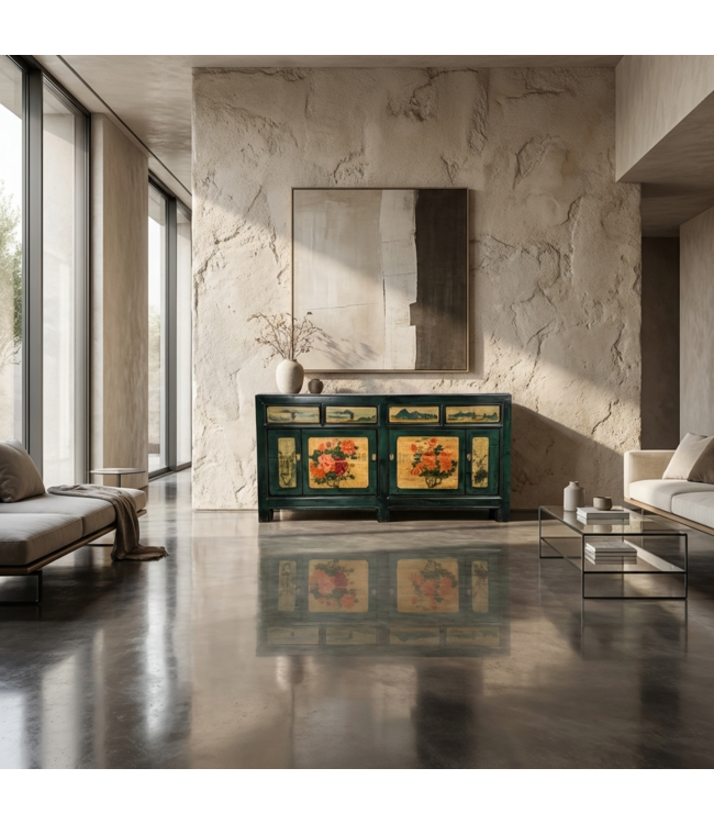 Credenza Cinese Antica Peonie Verde Acqua Dipinta a Mano L176xP45xA85cm