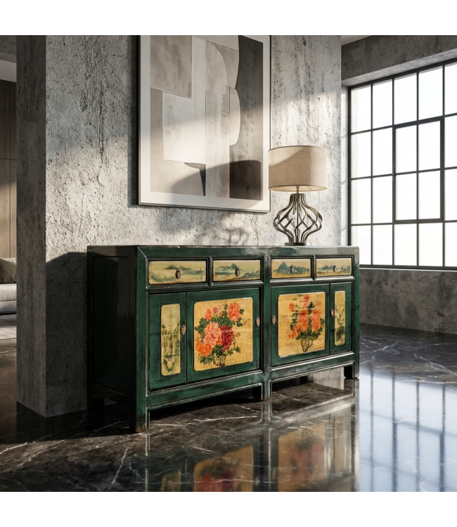 Buffet Chinois Ancien Pivoines Sacrelle Peintes à la Main L176xP45xH85cm