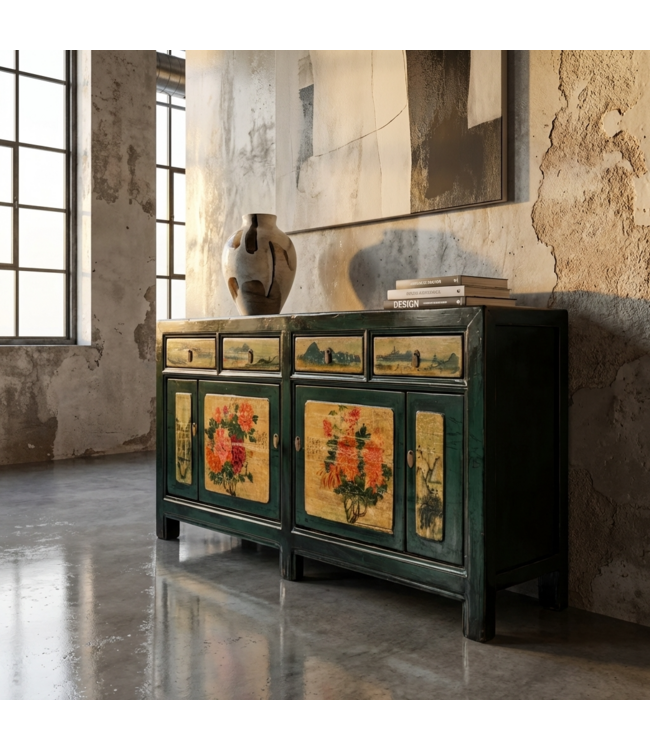 Antieke Chinese Dressoir Teal Handgeschilderd Pioenrozen B176xD45xH85cm