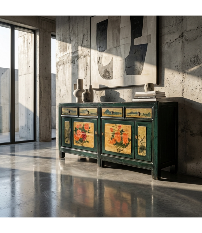 Antikes Chinesisches Sideboard Blaugrün Handbemalt Pfingstrosen B176xT45xH85cm