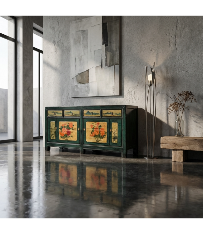Credenza Cinese Antica Peonie Verde Acqua Dipinta a Mano L176xP45xA85cm