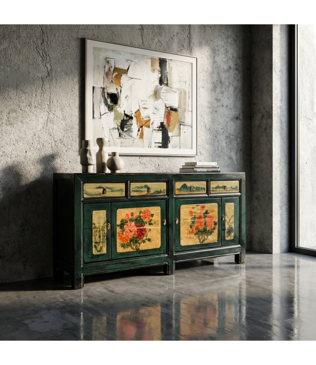 Credenza Cinese Antica Peonie Verde Acqua Dipinta a Mano L176xP45xA85cm