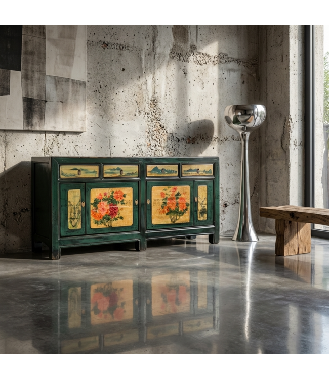 Credenza Cinese Antica Peonie Verde Acqua Dipinta a Mano L176xP45xA85cm