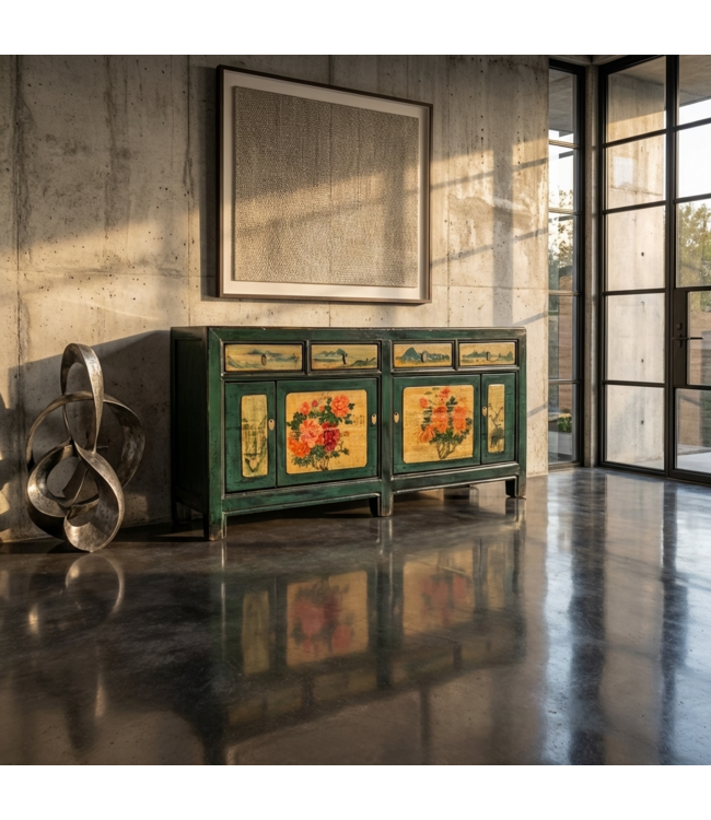 Antikes Chinesisches Sideboard Blaugrün Handbemalt Pfingstrosen B176xT45xH85cm