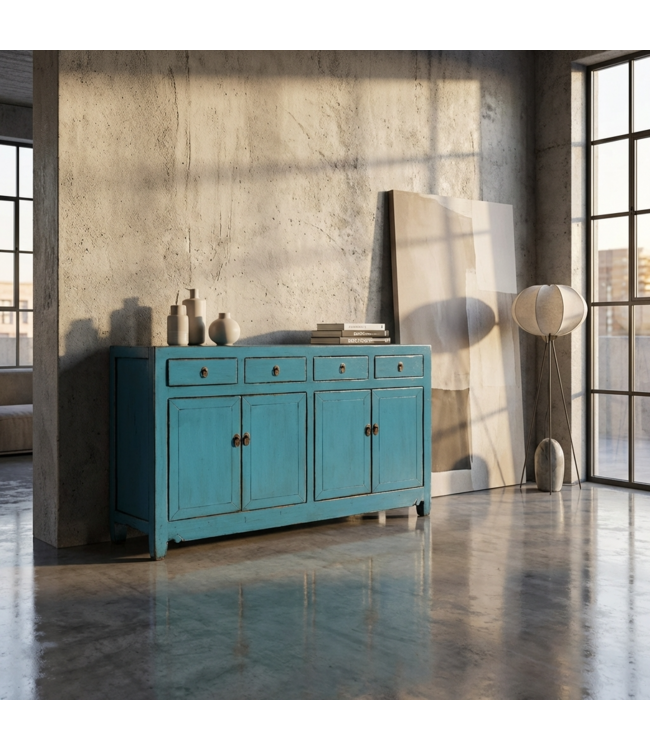 Buffet Chinois Ancien Bleu Haute Brillance L154xP40xH93cm