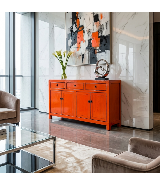 Credenza Cinese Antica Rossa Lucida L145xP40xA88cm