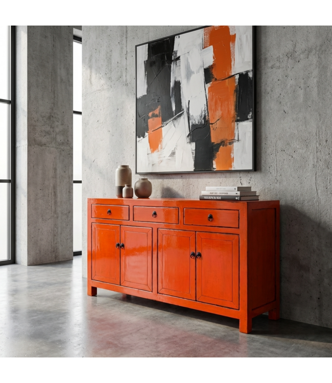 Credenza Cinese Antica Rossa Lucida L145xP40xA88cm