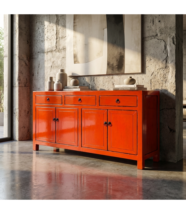 Credenza Cinese Antica Rossa Lucida L145xP40xA88cm