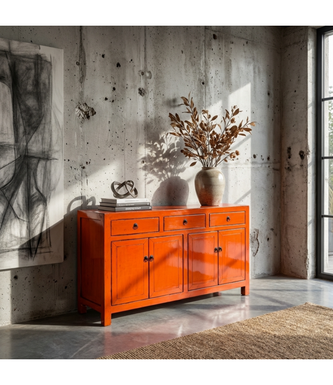 Credenza Cinese Antica Rossa Lucida L145xP40xA88cm