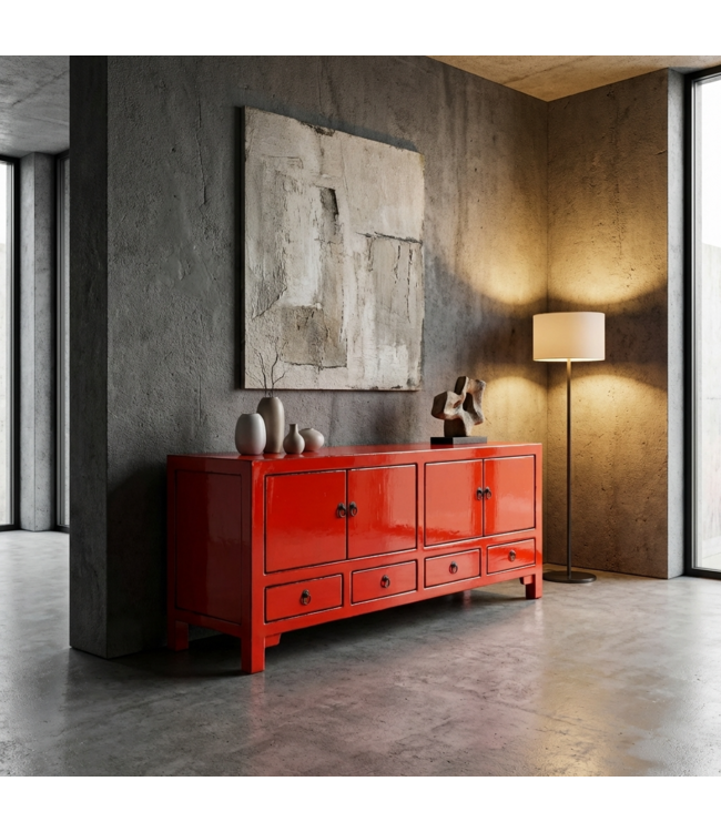 Meuble TV Chinois Ancien Rouge Haute Brillance L151xP39xH54cm