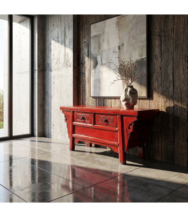 Armoire Chinoise Ancienne Rouge Haute Brillance L107xP40xH43cm