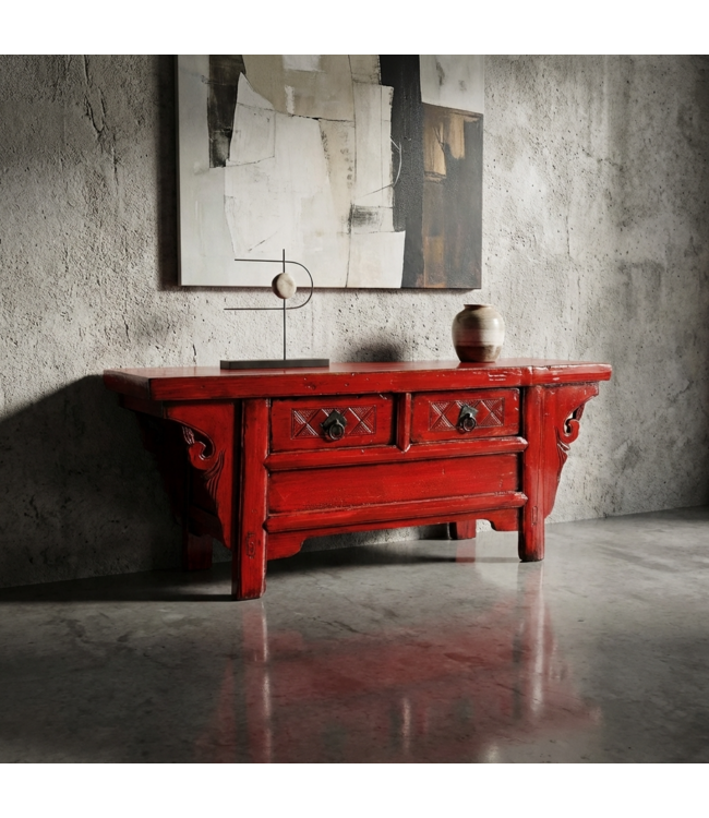 Armoire Chinoise Ancienne Rouge Haute Brillance L107xP40xH43cm