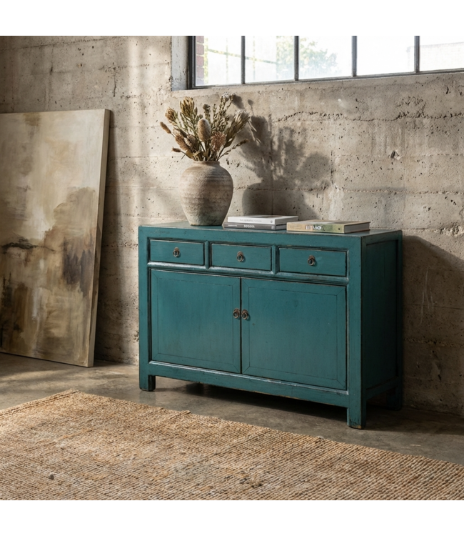 Buffet Chinois Ancien Bleu Haute Brillance L128xP40xH91cm