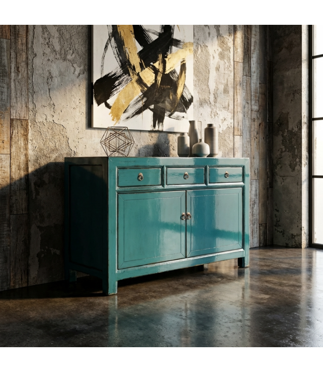 Antikes Chinesisches Sideboard Blau Hochglanz B128xT40xH91cm