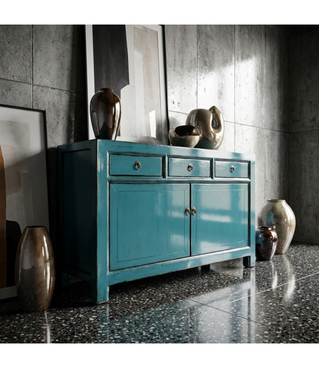 Antikes Chinesisches Sideboard Blau Hochglanz B128xT40xH91cm