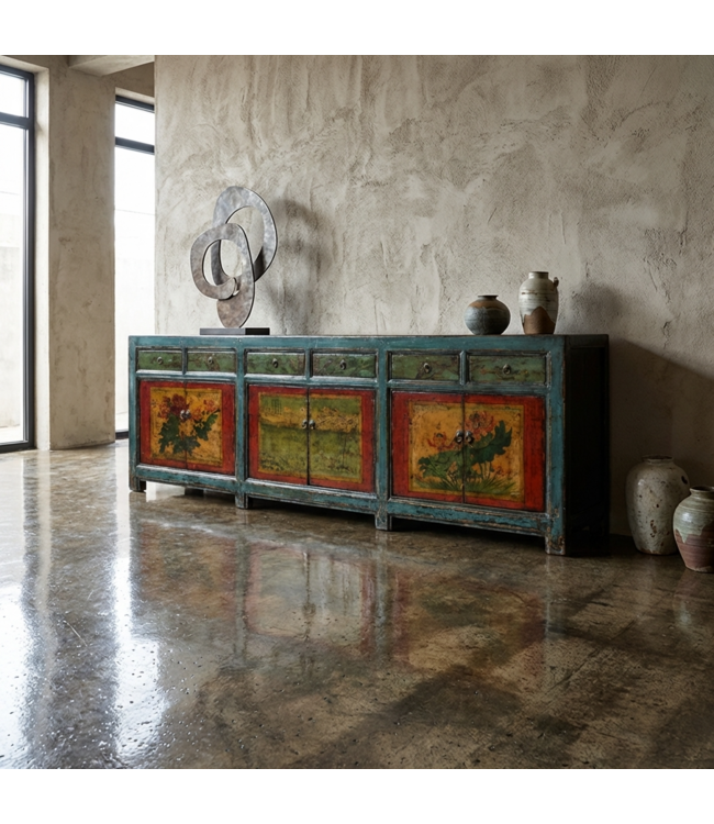Credenza Cinese Antica Dipinta a Mano L250xP47xA85cm