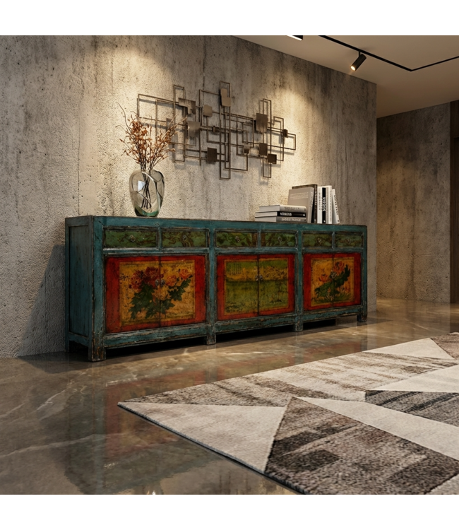 Credenza Cinese Antica Dipinta a Mano L250xP47xA85cm
